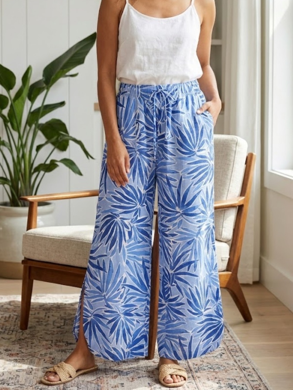 Sigrid Olsen Linen Blend Wide Leg Drawstring Pants